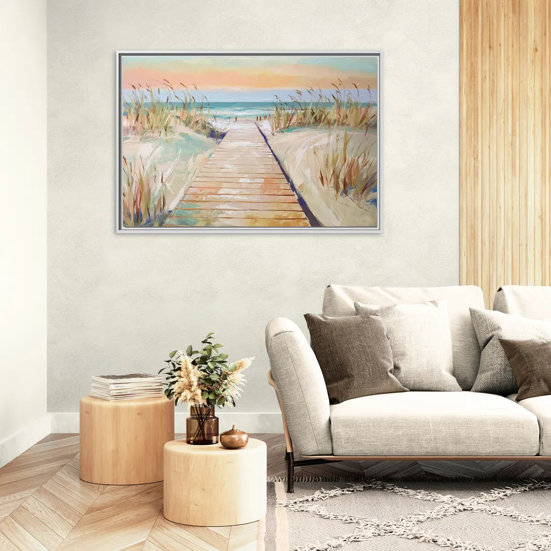 Seaside Boardwalk Dreams - Living Room White Frame Canvas