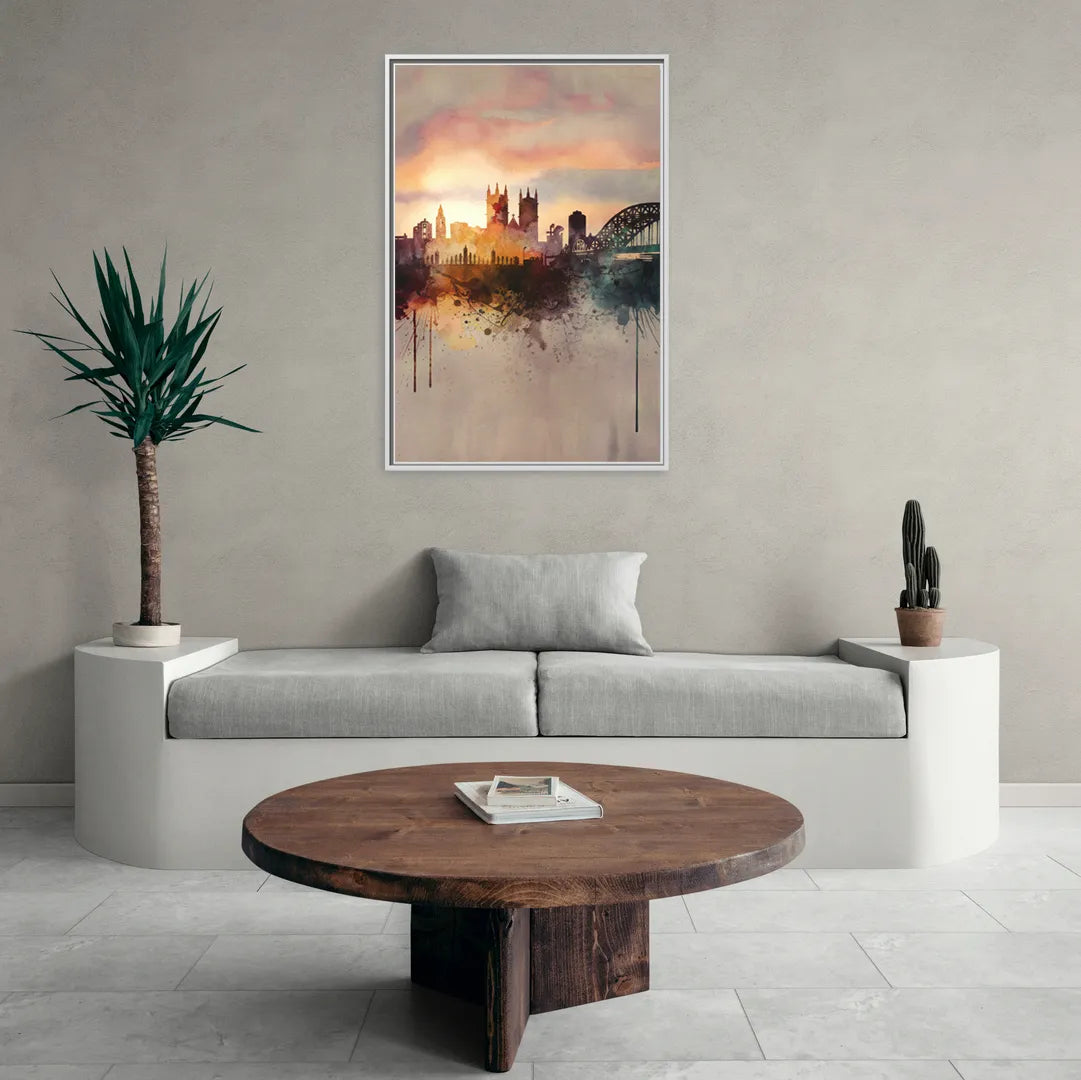 Durham Skyline at Sunset - Living Room White Frame Canvas