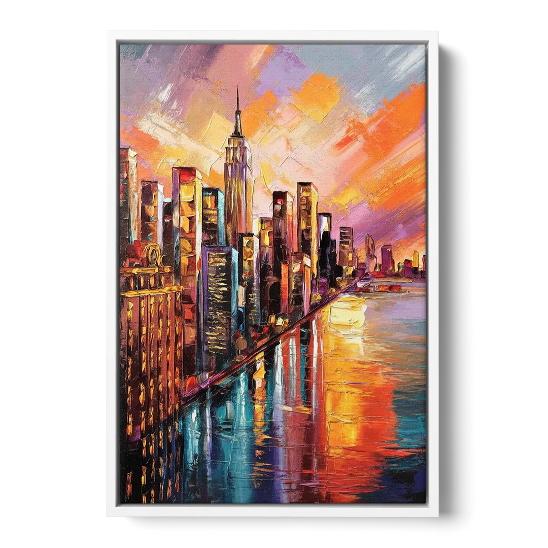 New York City Sunset Over Skyscrapers Hudson - White Frame Canvas