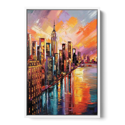 New York City Sunset Over Skyscrapers Hudson - White Frame Canvas