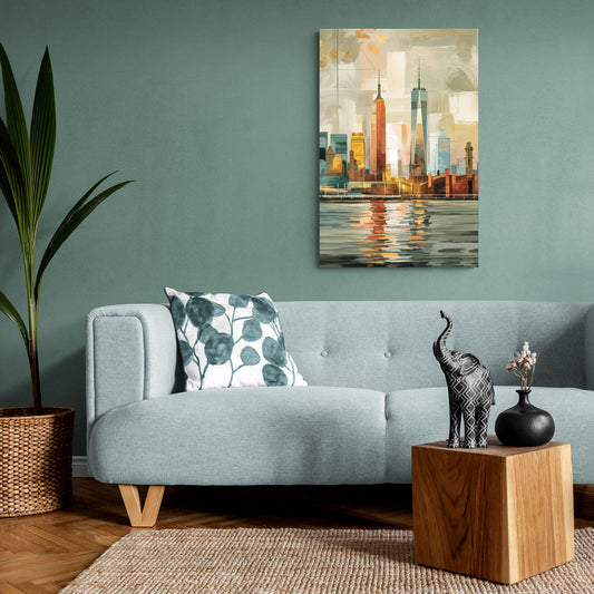 New York City Abstract Skyline Art Hudson - Canvas Wall Art Living Room