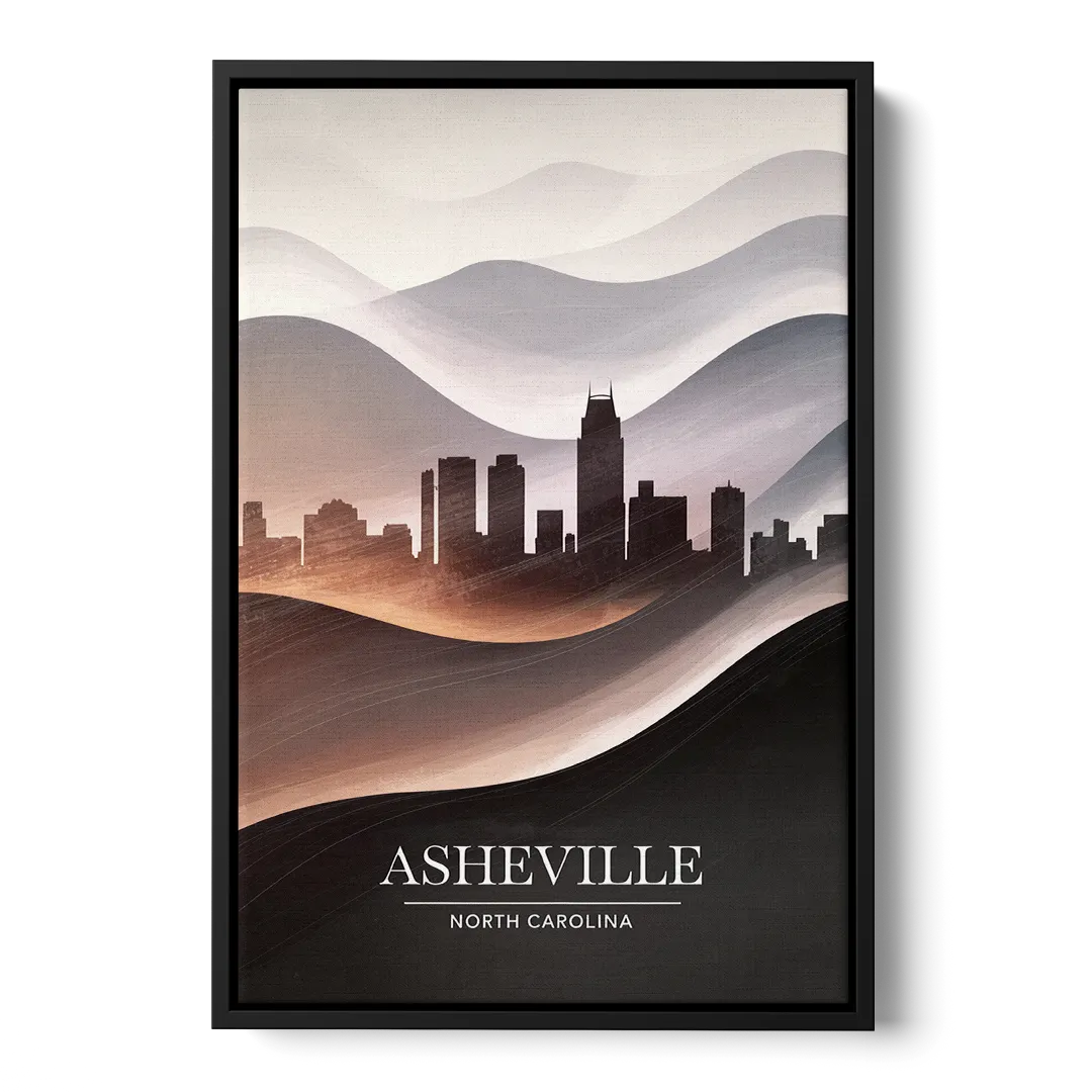 Asheville Skyline and Mountains - Black Frame Canvas