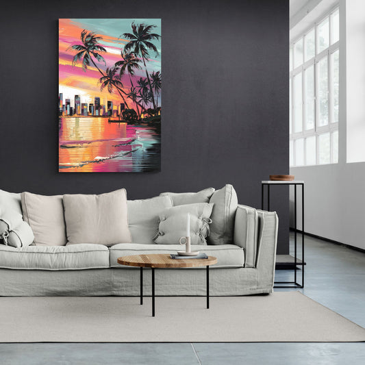 Miami Palm Trees and Sunset - Canvas Wall Art Living Room