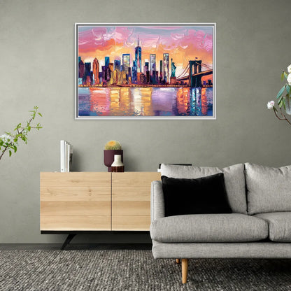 New York City Artistic Watercolor View - Living Room White Frame Canvas