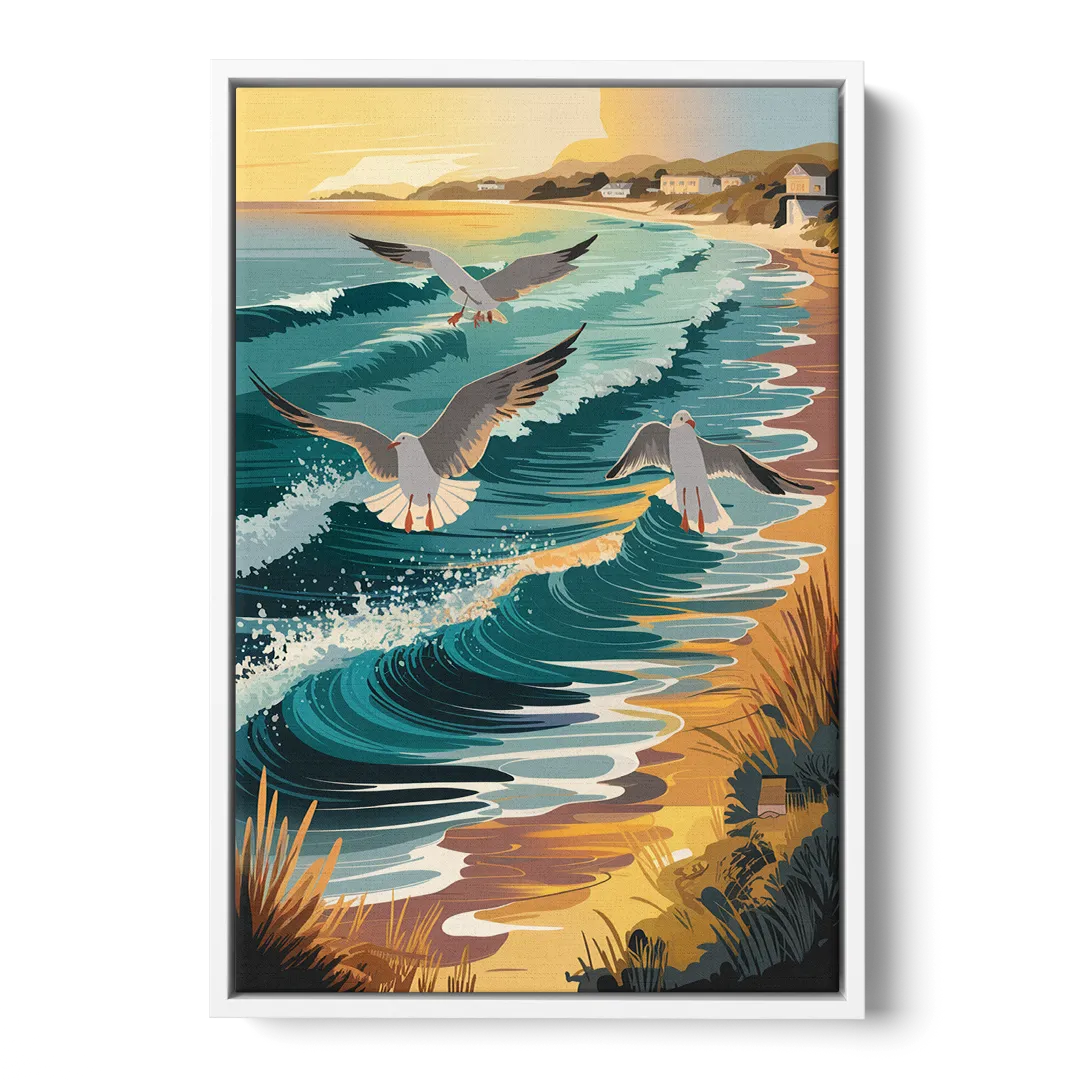 Cape May Seagulls in Flight - White Frame Canvas