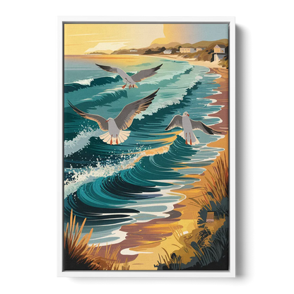 Cape May Seagulls in Flight - White Frame Canvas