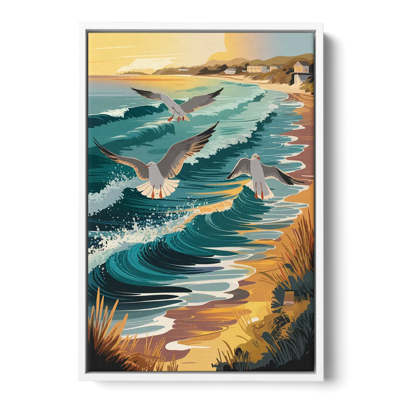 Cape May Seagulls in Flight - White Frame Canvas