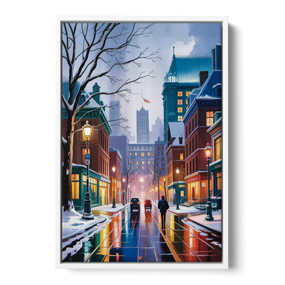 Montreal City in Winter - White Frame Canvas