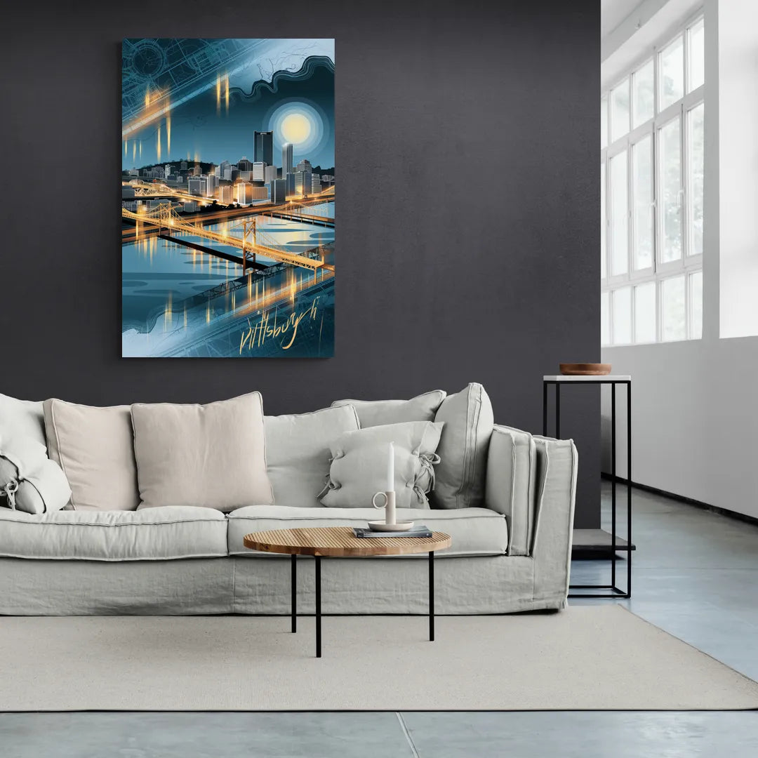 Pittsburgh Skyline and Map - Canvas Wall Art Living Room