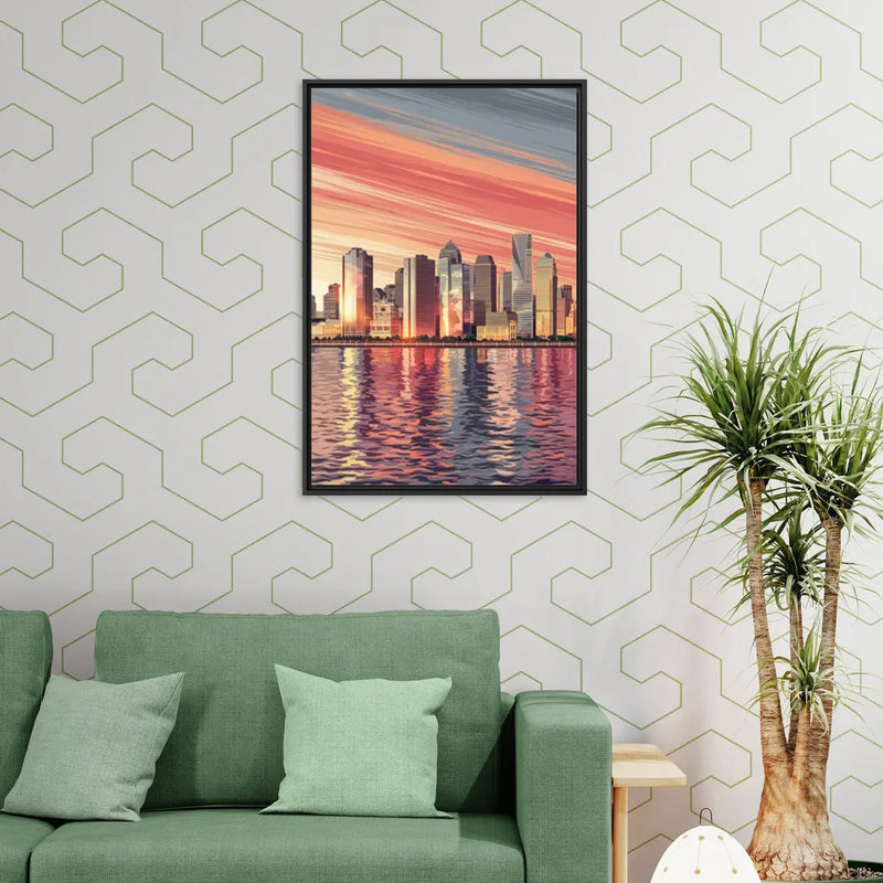 Jersey City Skyline and Hudson River - Living Room Black Frame Canvas