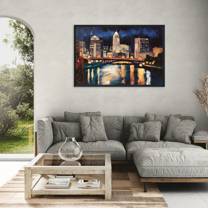 Columbus Nighttime Skyline - Living Room Black Frame Canvas