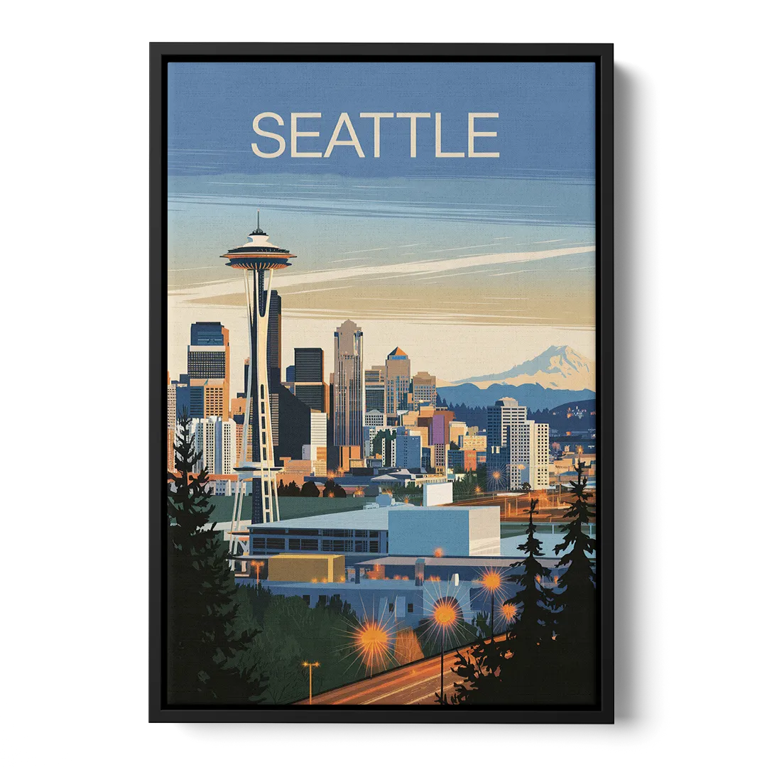 Seattle City at Dusk - Black Frame Canvas