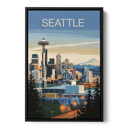 Seattle City at Dusk - Black Frame Canvas