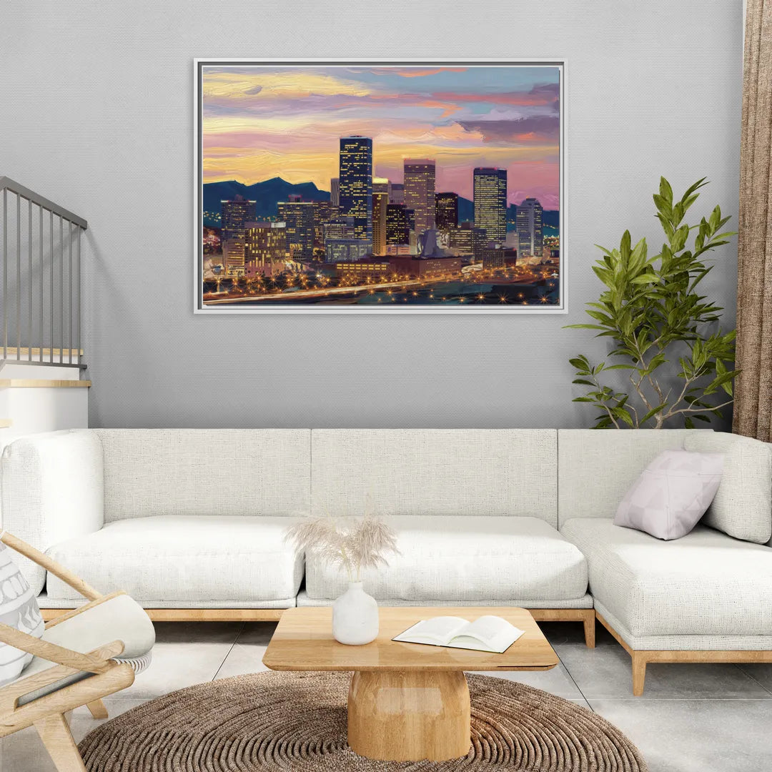 Denver Skyline At Dusk - Living Room White Frame Canvas