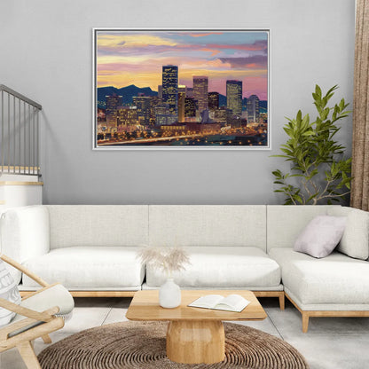Denver Skyline At Dusk - Living Room White Frame Canvas