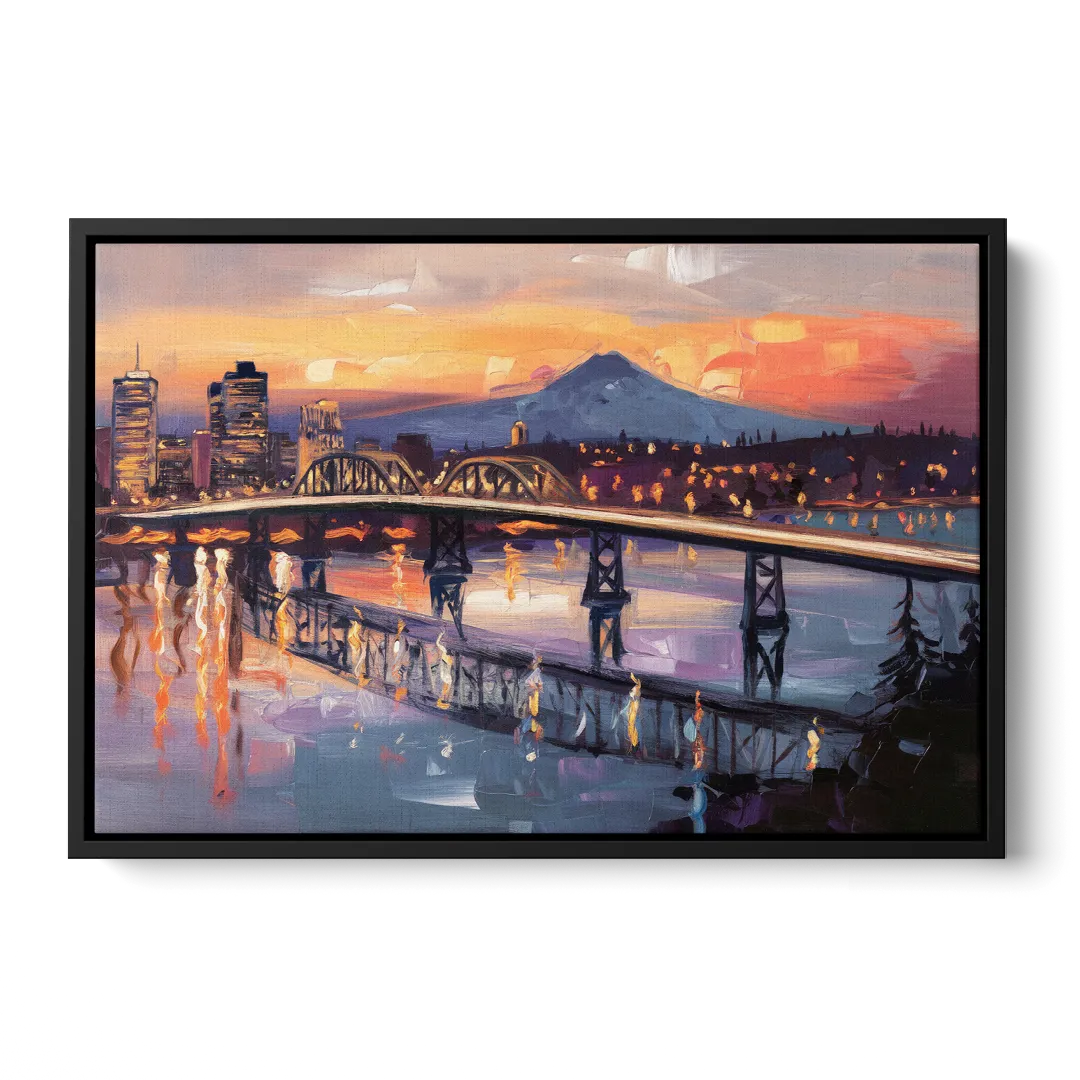 Portland Cityscape At Dusk - Black Frame Canvas