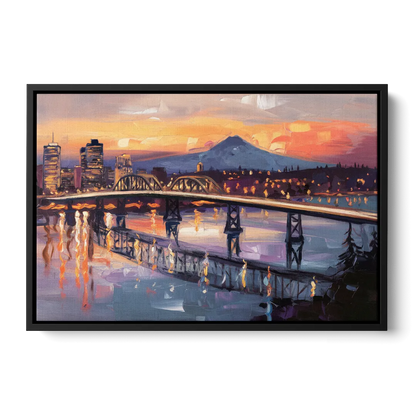 Portland Cityscape At Dusk - Black Frame Canvas