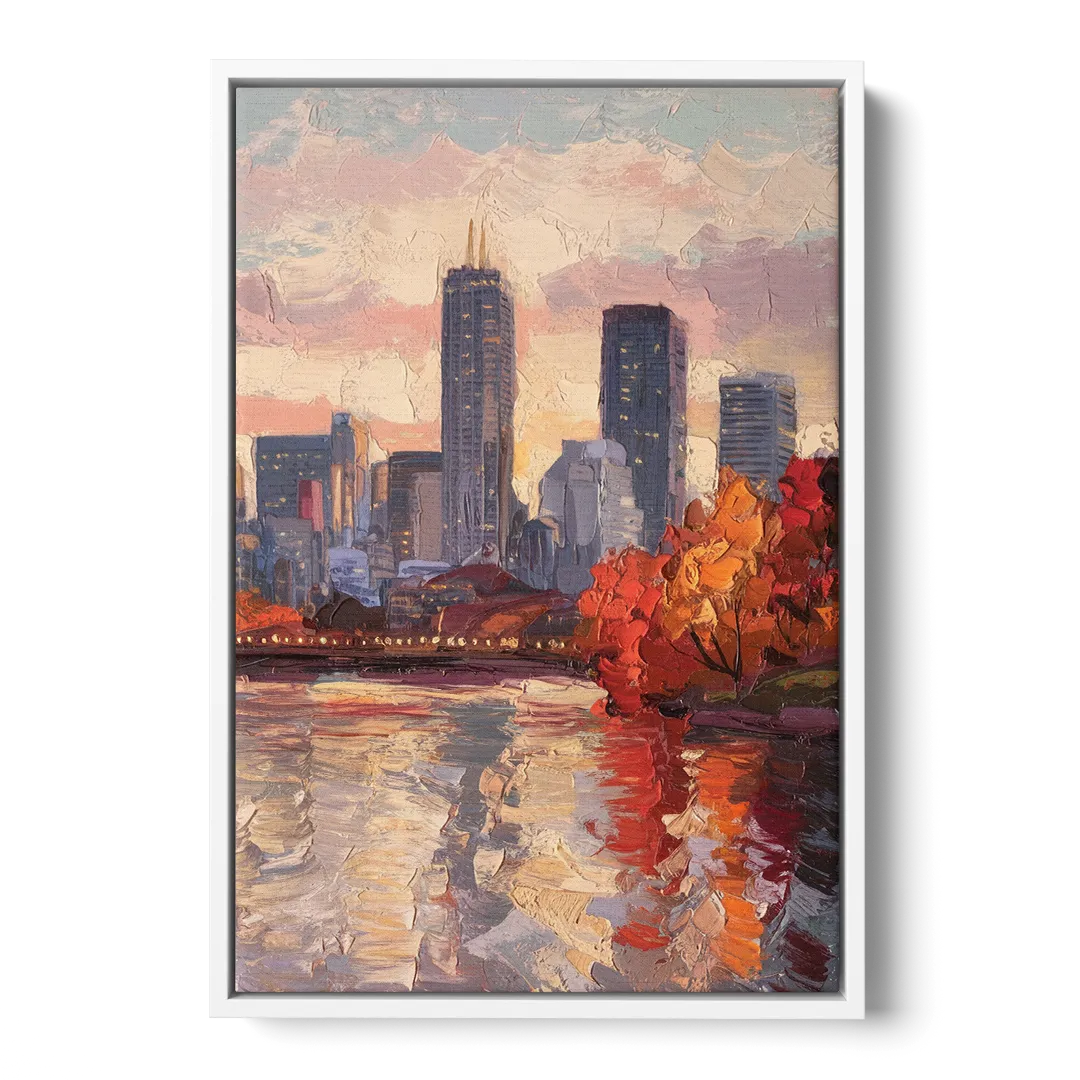 Boston Skyline with Fall Colors - White Frame Canvas