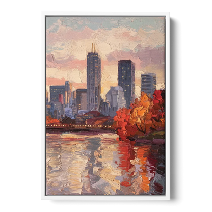 Boston Skyline with Fall Colors - White Frame Canvas