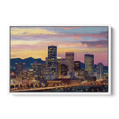 Denver Skyline At Dusk - White Frame Canvas