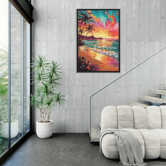 Honolulu Waikiki Beach Sunset - Living Room Black Frame Canvas