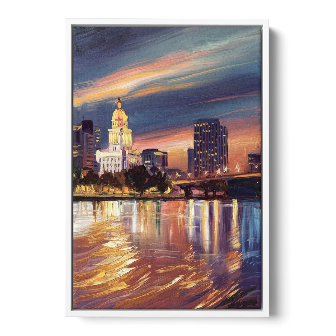 Baton Rouge Cityscape Twilight - White Frame Canvas