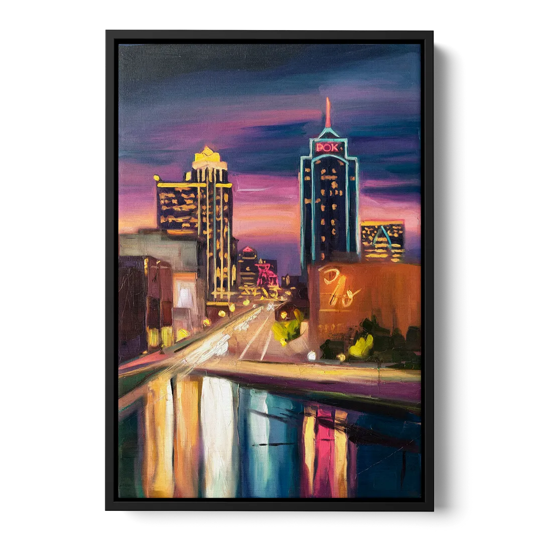 Tulsa Cityscape Glow - Black Frame Canvas