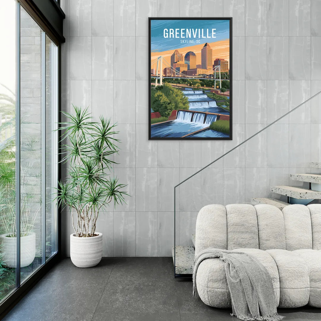 Greenville Skyline at Sunset - Living Room Black Frame Canvas
