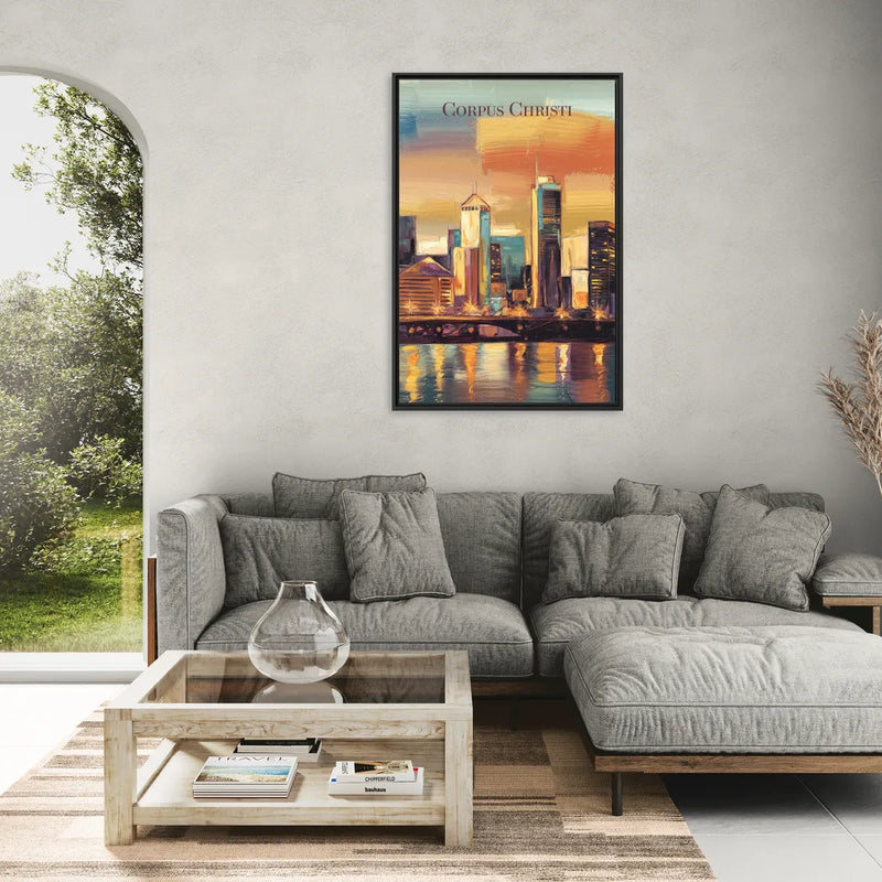 Corpus Christi Skyline View - Living Room Black Frame Canvas