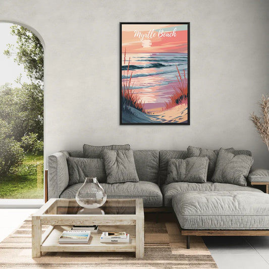 Myrtle Beach Sunset Reflections - Living Room Black Frame Canvas