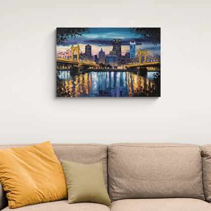 Pittsburgh Downtown Lights at Night - Canvas Wall Art Living Room