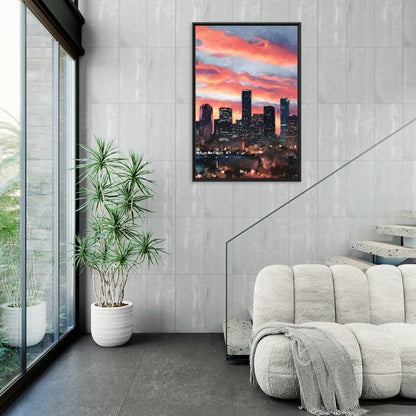 Houston Sunset Skyline - Living Room Black Frame Canvas
