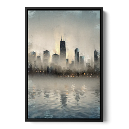 Chicago Skyline in Fog - Black Frame Canvas