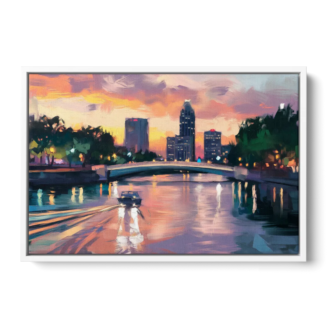 Tampa Riverwalk Evening Glow - White Frame Canvas