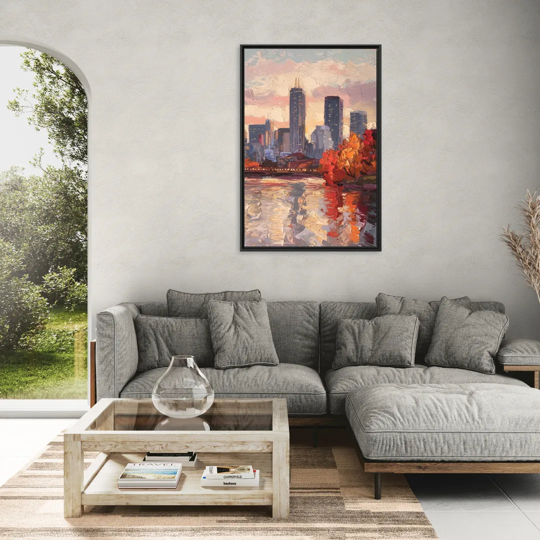 Boston Skyline with Fall Colors - Living Room Black Frame Canvas