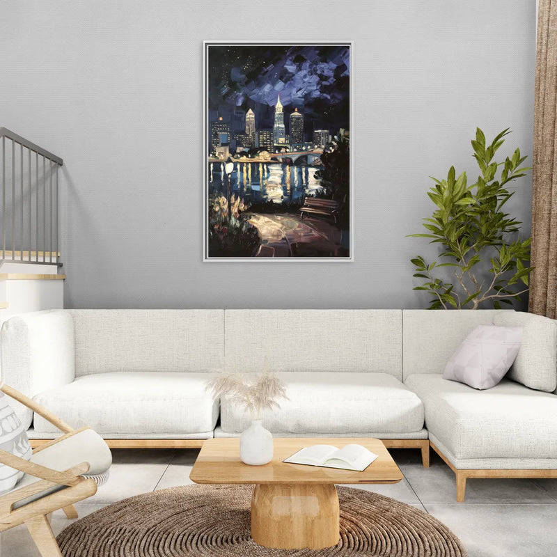 Cleveland Nighttime Lights - Living Room White Frame Canvas