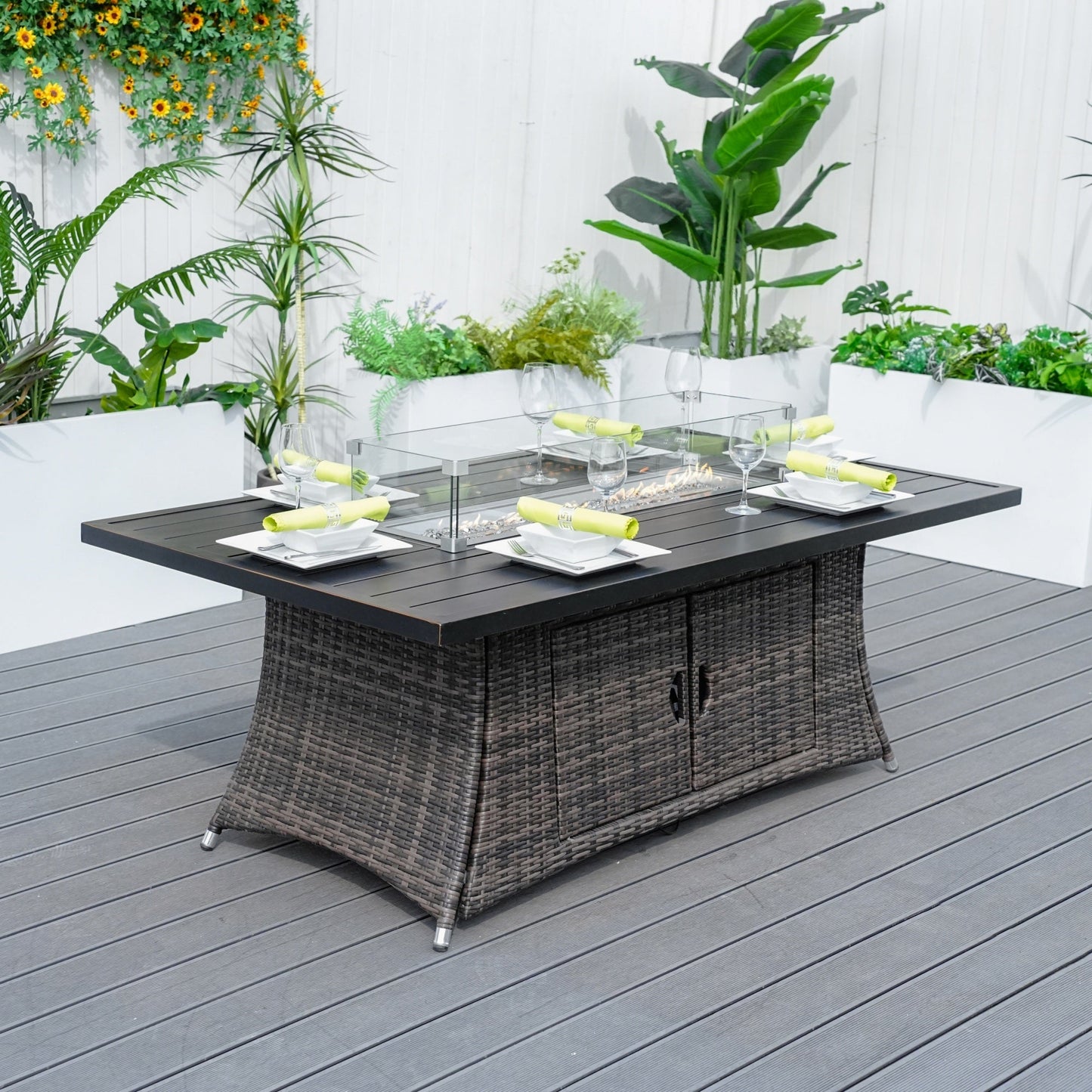 Wicker & Aluminum Patio Dining Table – Built-In Fire Pit Centerpiece