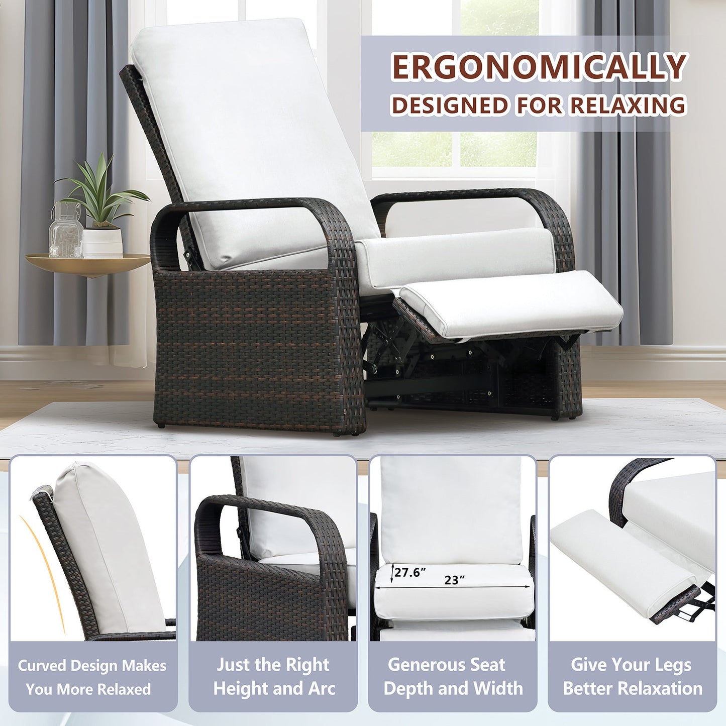Outdoor Wicker Recliner – Adjustable Patio Lounge Chair with Cushions
