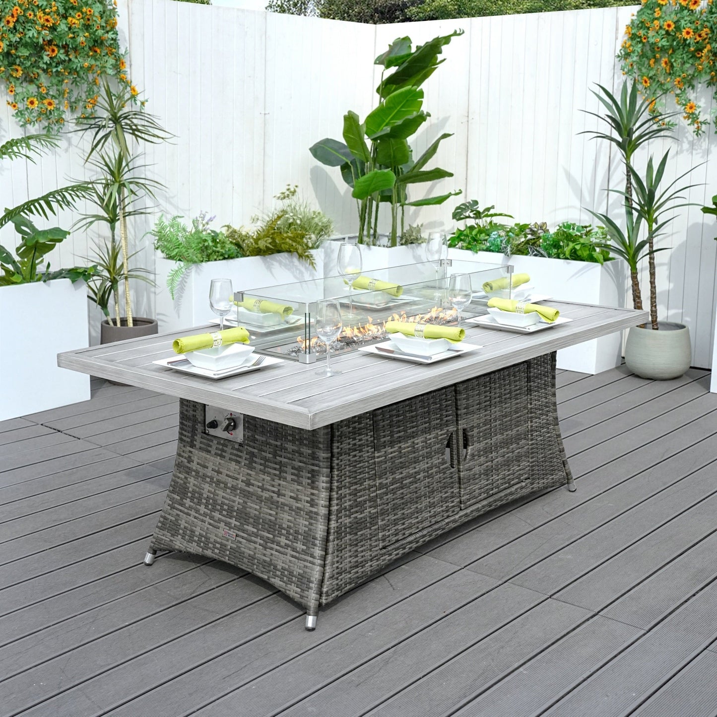 Wicker & Aluminum Patio Dining Table – Built-In Fire Pit Centerpiece