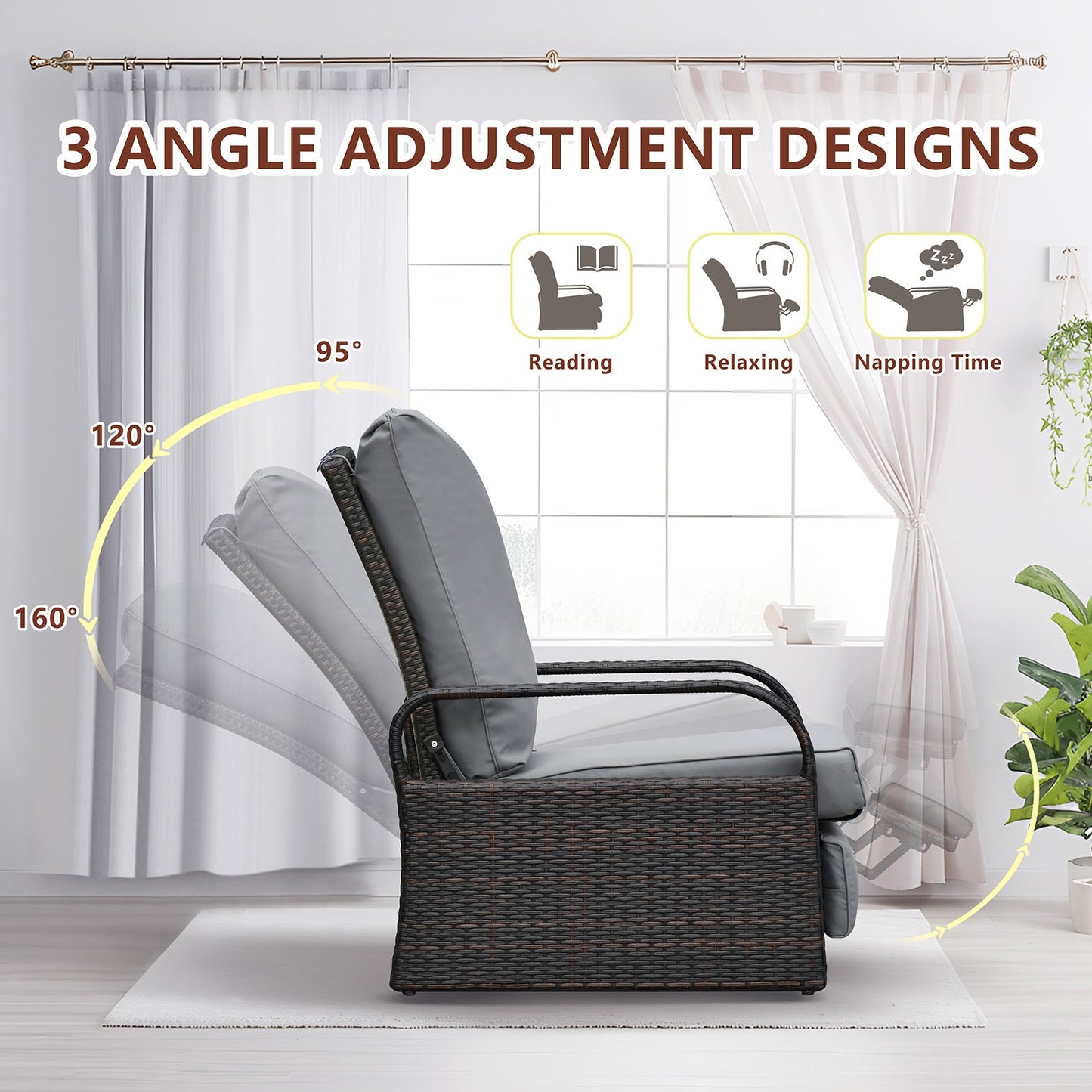 Outdoor Wicker Recliner – Adjustable Patio Lounge Chair with Cushions