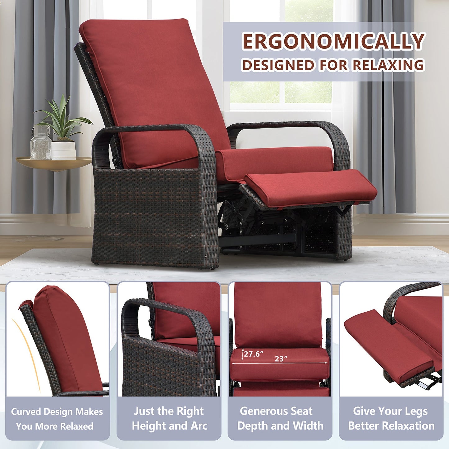 Outdoor Wicker Recliner – Adjustable Patio Lounge Chair with Cushions