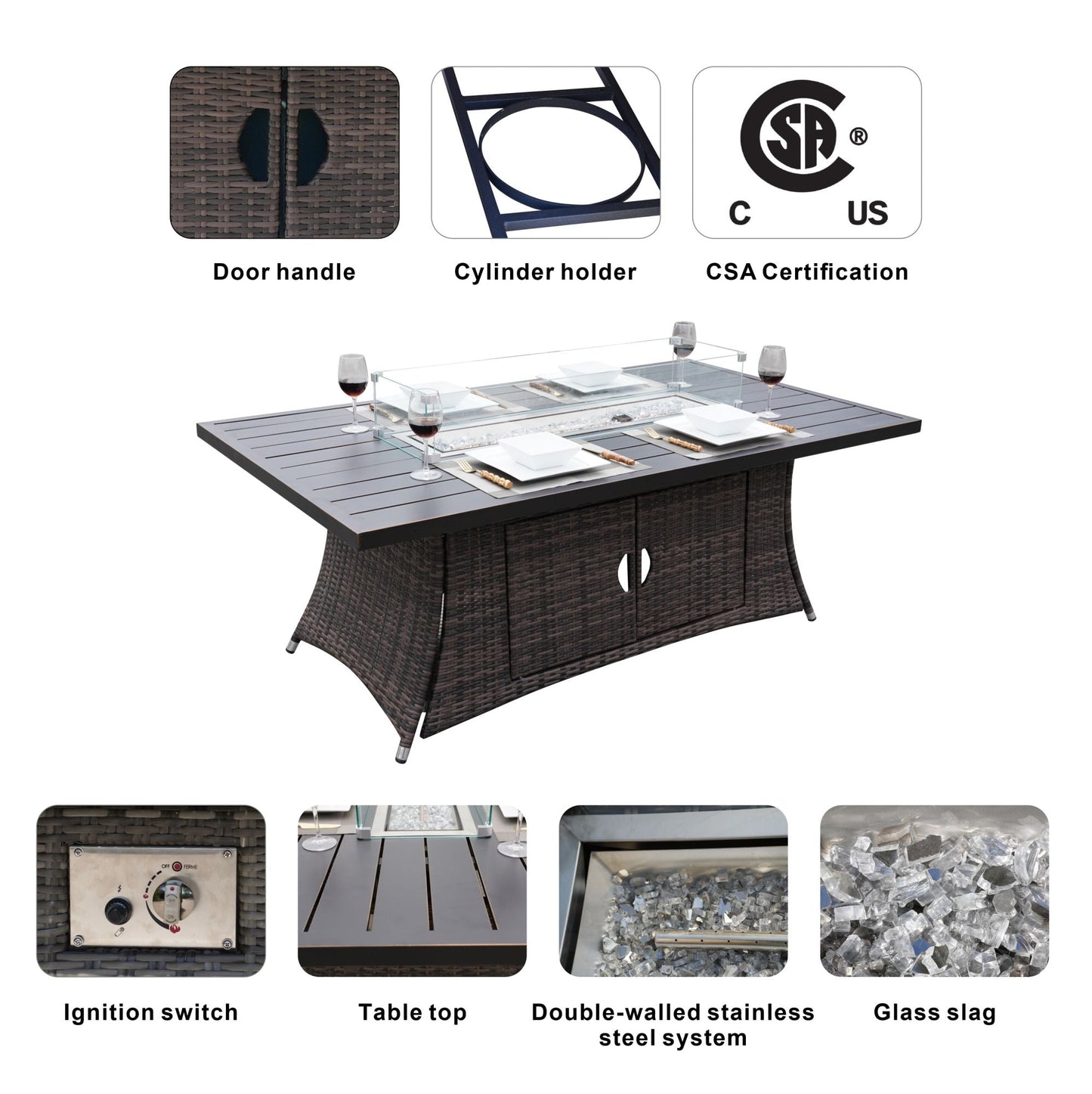 Wicker & Aluminum Patio Dining Table – Built-In Fire Pit Centerpiece