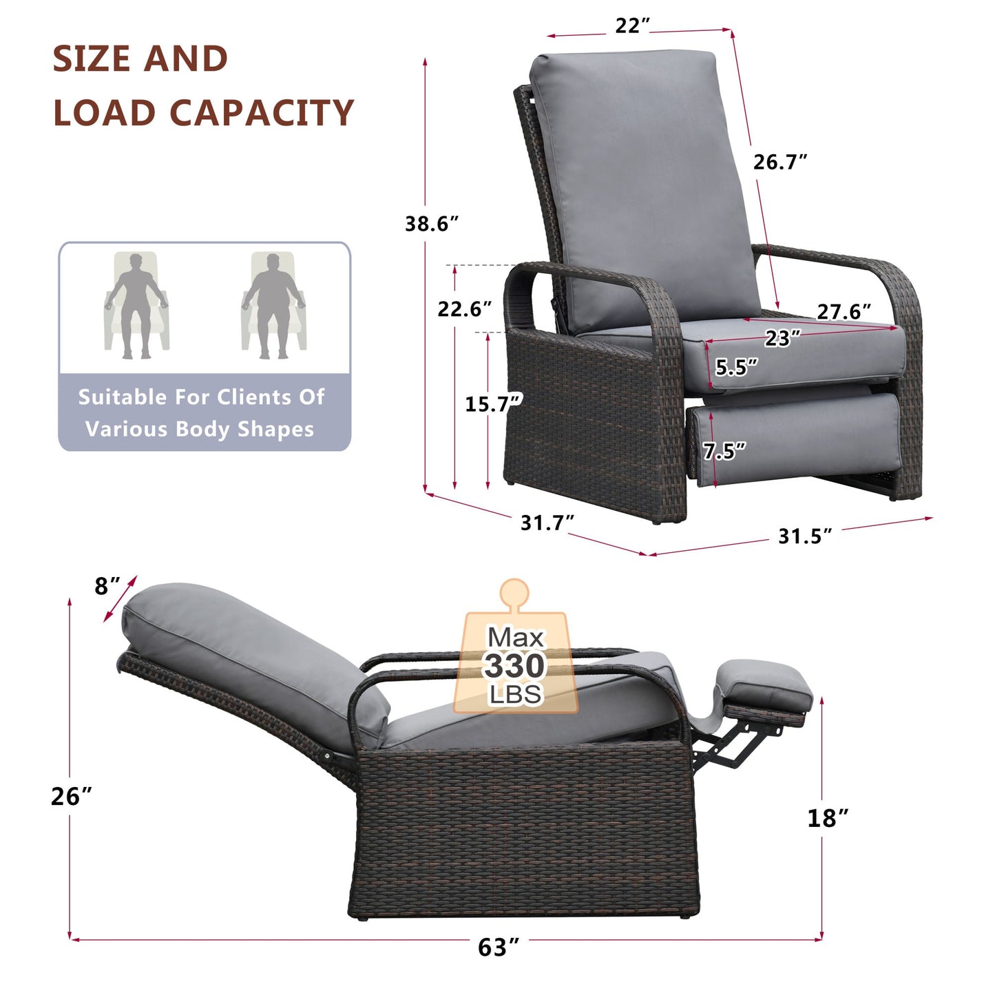 Outdoor Wicker Recliner – Adjustable Patio Lounge Chair with Cushions