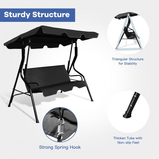 3-Seat Cushioned Patio Swing with Canopy – Durable Steel Frame Outdoor