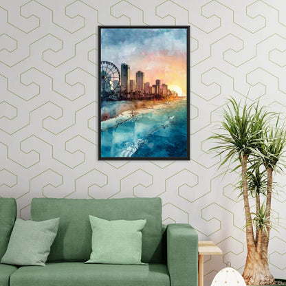 Myrtle Beach Coastal Skyline - Living Room Black Frame Canvas