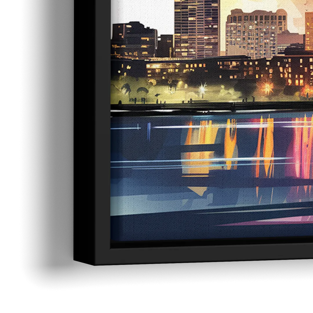 Boston Skyline With Fireworks - Close-Up Black Frame Canvas