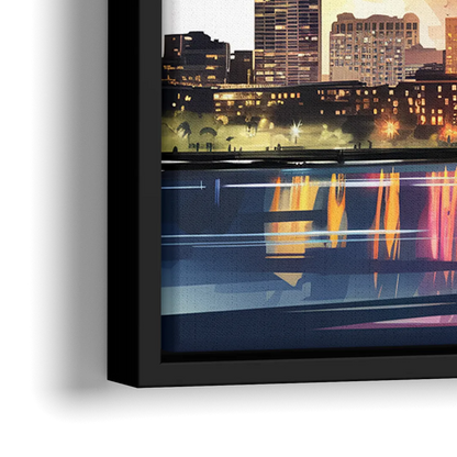 Boston Skyline With Fireworks - Close-Up Black Frame Canvas