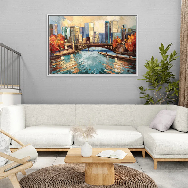 Grand Rapids Urban River Views - Living Room White Frame Canvas