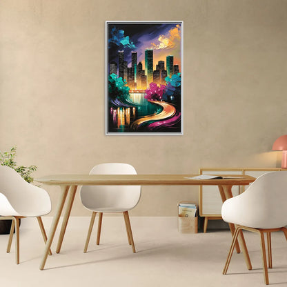 Houston Vibrant Nights - Living Room White Frame Canvas