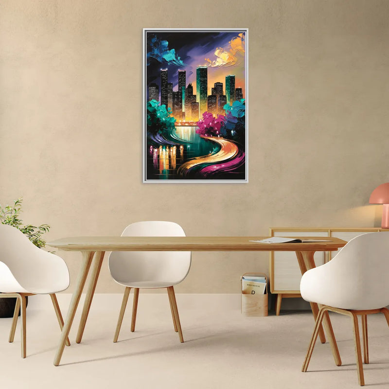 Houston Vibrant Nights - Living Room White Frame Canvas